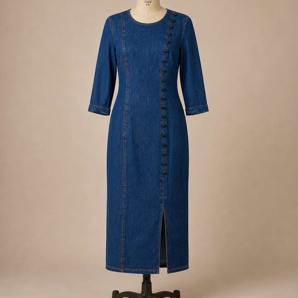 Nina Piccalino Vintage 90s Denim Maxi Dress 12 Asymmetrical Button Front Prairie